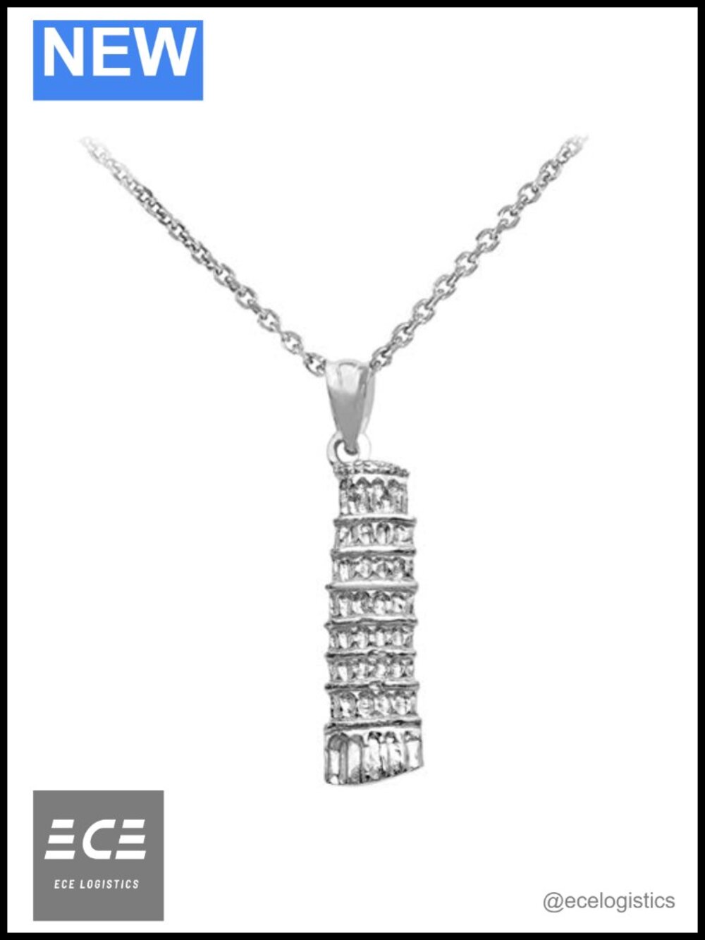 Sterling Silver Leaning Tower of Pisa Pendant Necklace 16 in
